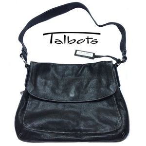 Talbots Black Pebbled Leather Messenger Shoulder Bag, Expandable, Gorgeous NWOT